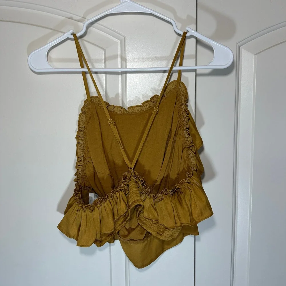Free People Ruffle Cami Top Womens Medium Mustard Yellow Smocked‎ Cropped Satin